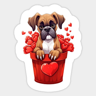 Cartoon Boxer Dog in Hearts Basket Sticker